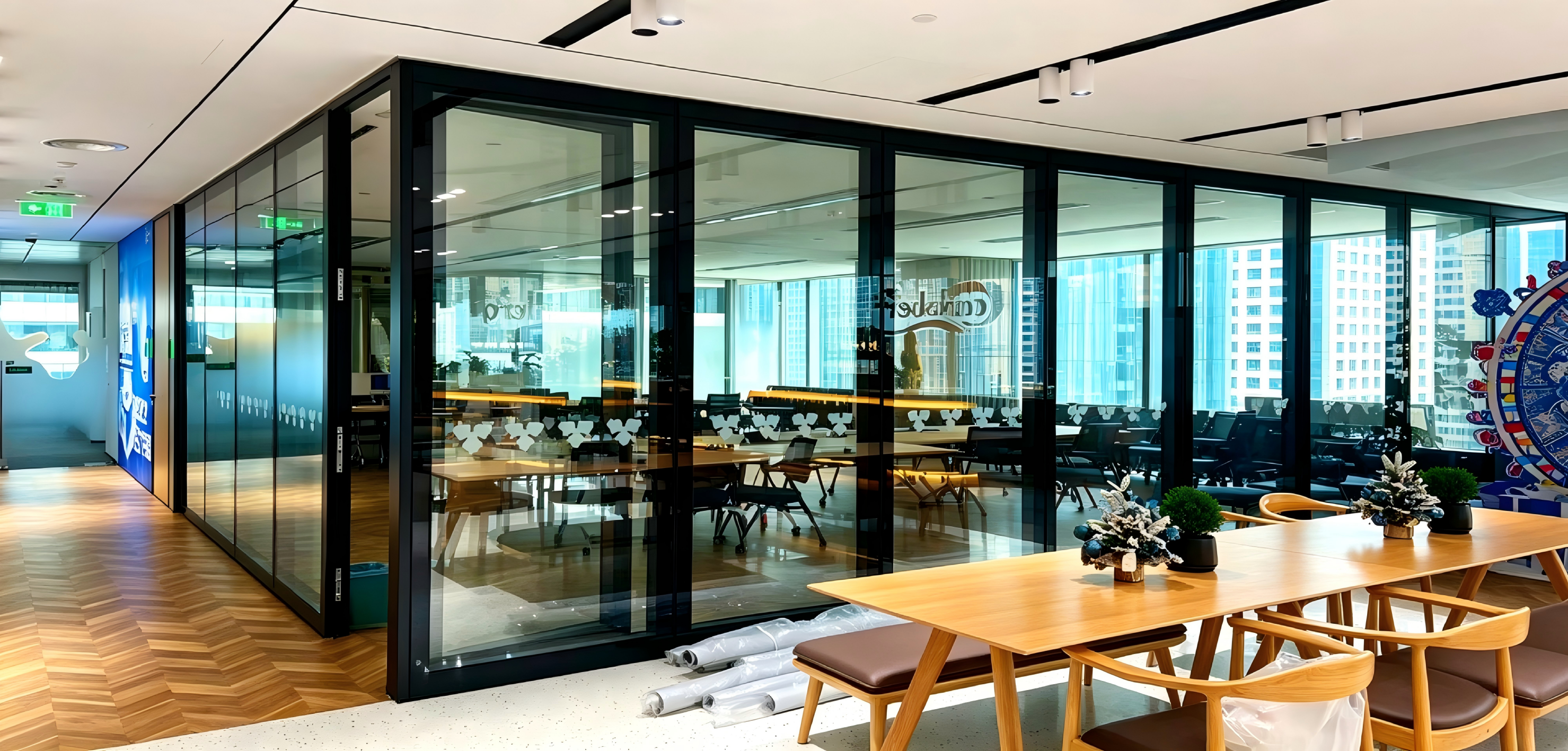 Movable glass wall partitioning an open-plan office meeting area